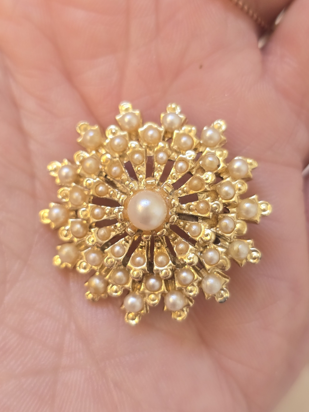 VTG Gold Starburst Faux Pearl Brooch Flower Pin 60s